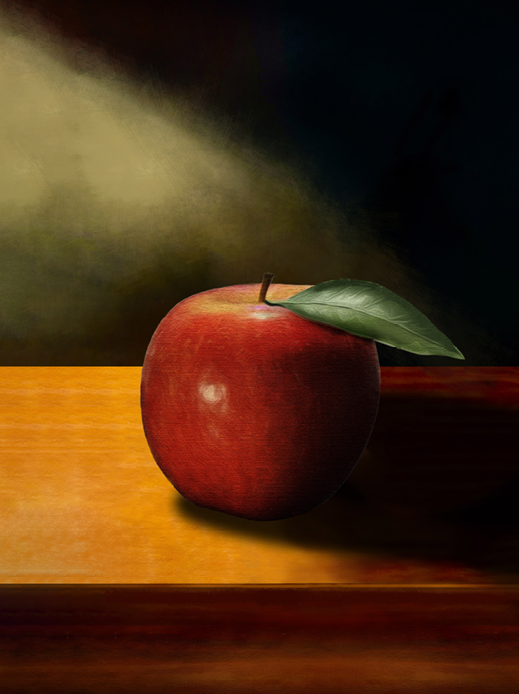 Canvas print of a red apple on a wooden surface with a dark background